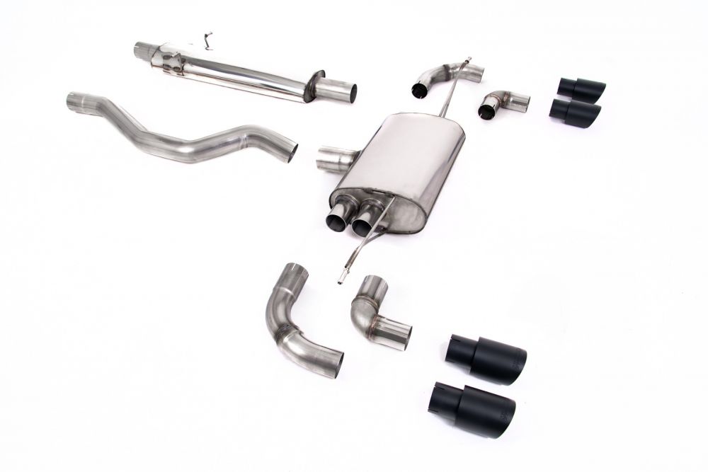 Milltek Sport exhaust system parts for 2020+ Land Rover Defender 110 2.0 I4 P300 & P400e (part SSXLR131): pipework, silencers and black tailpipe tips