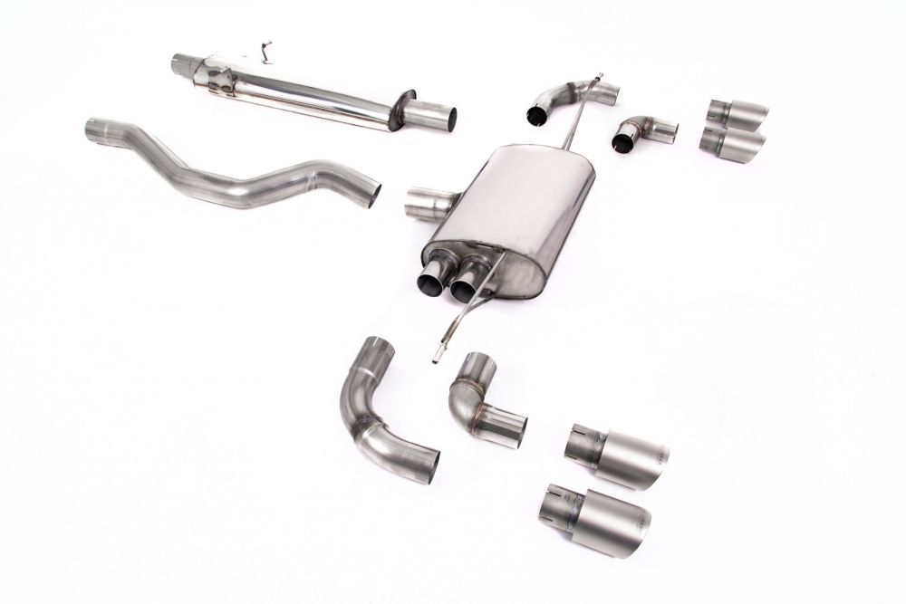 Milltek Sport exhaust system parts for 2020+ Land Rover Defender 110 2.0 I4 P300 & P400e (part SSXLR132): pipework, silencers and polished silver tailpipe tips