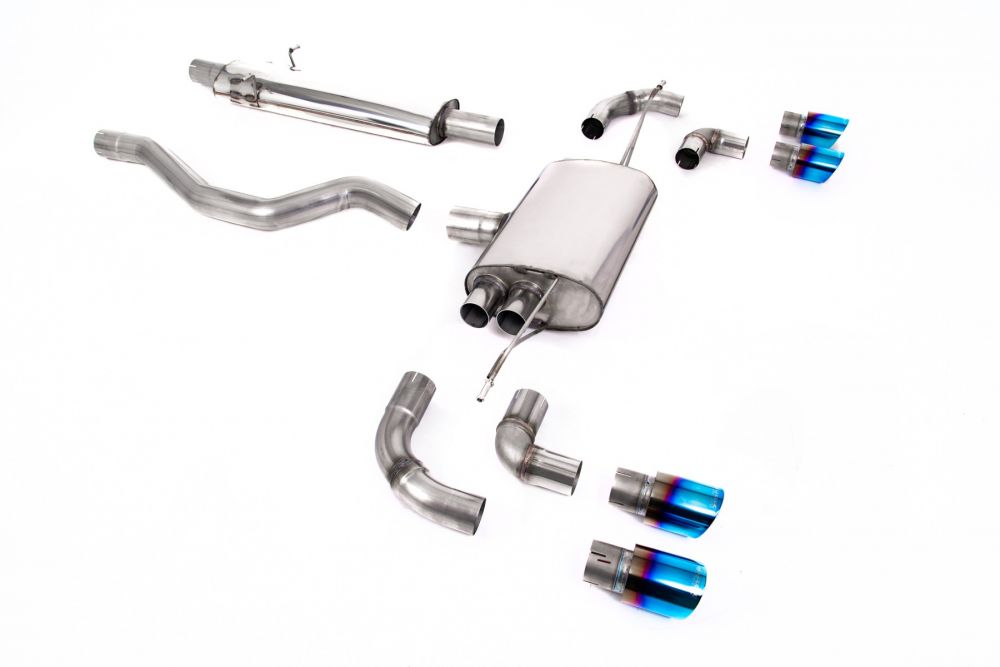 Milltek Sport exhaust system parts for 2020+ Land Rover Defender 110 2.0 I4 P300 & P400e (part SSXLR133): pipework, silencers and burnt titanium blue tailpipe tips