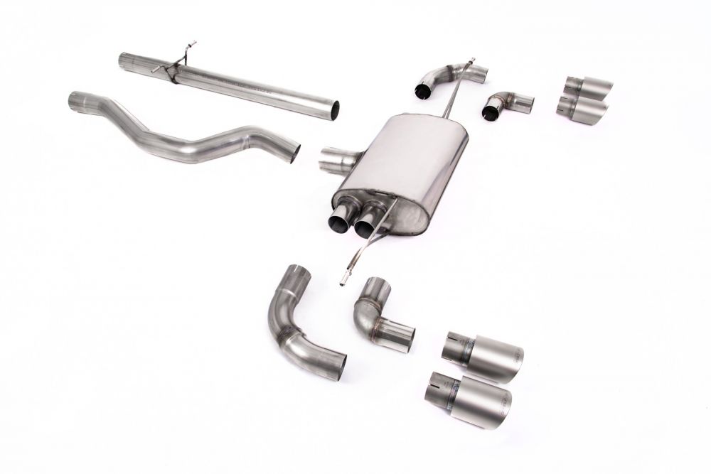 Milltek Sport exhaust system parts for 2020+ Land Rover Defender 110 2.0 I4 P300 & P400e (part SSXLR137): pipework, silencers and polished silver tailpipe tips