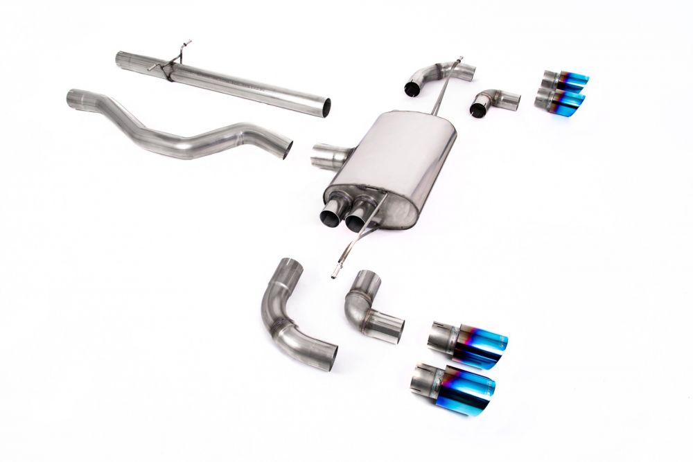 Milltek Sport exhaust system parts for 2020+ Land Rover Defender 110 2.0 I4 P300 & P400e (part SSXLR138): pipework, silencers and burnt titanium blue tailpipe tips