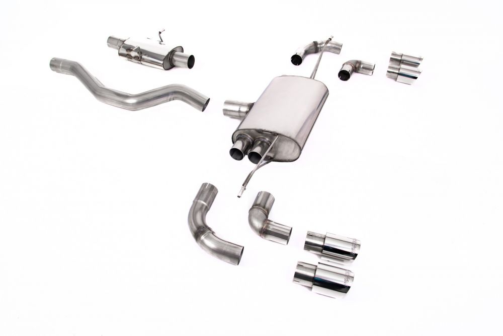 Milltek Sport exhaust system parts for 2020+ Land Rover Defender 90 2.0 I4 P300 & P400e (part SSXLR140): pipework, silencers and polished silver tailpipe tips