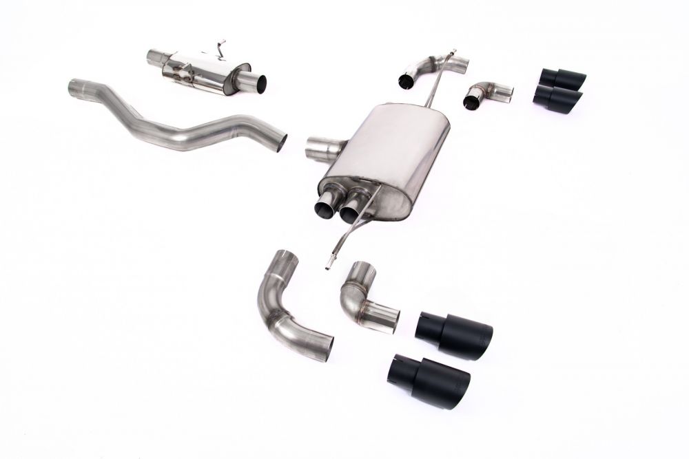 Milltek Sport exhaust system parts for 2020+ Land Rover Defender 90 2.0 I4 P300 & P400e (part SSXLR141): pipework, silencers and black tailpipe tips
