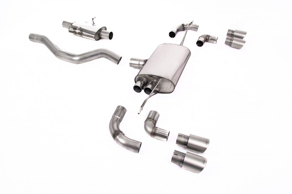 Milltek Sport exhaust system parts for 2020+ Land Rover Defender 90 2.0 I4 P300 & P400e (part SSXLR142): pipework, silencers and polished silver tailpipe tips