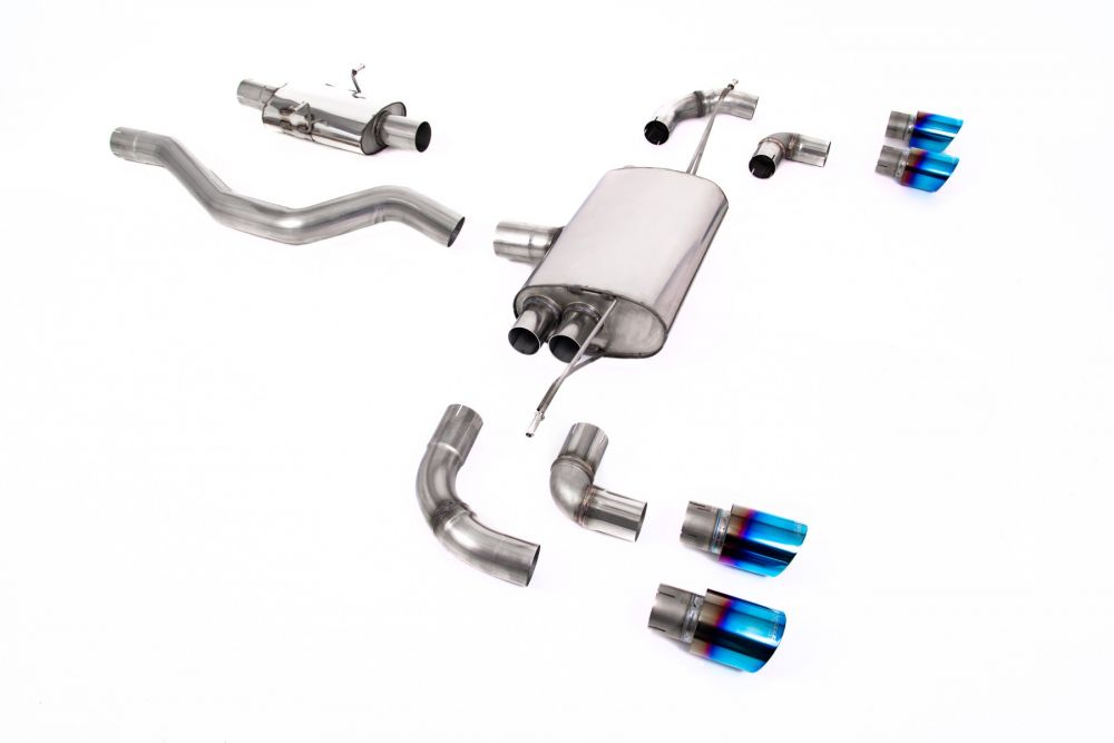 Milltek Sport exhaust system parts for 2020+ Land Rover Defender 90 2.0 I4 P300 & P400e (part SSXLR143): pipework, silencers and burnt titanium blue tailpipe tips