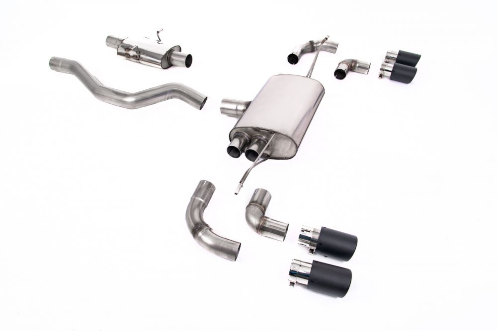 Milltek Sport exhaust system parts for 2020+ Land Rover Defender 90 2.0 I4 P300 & P400e (part SSXLR144): pipework, silencers and black tailpipe tips