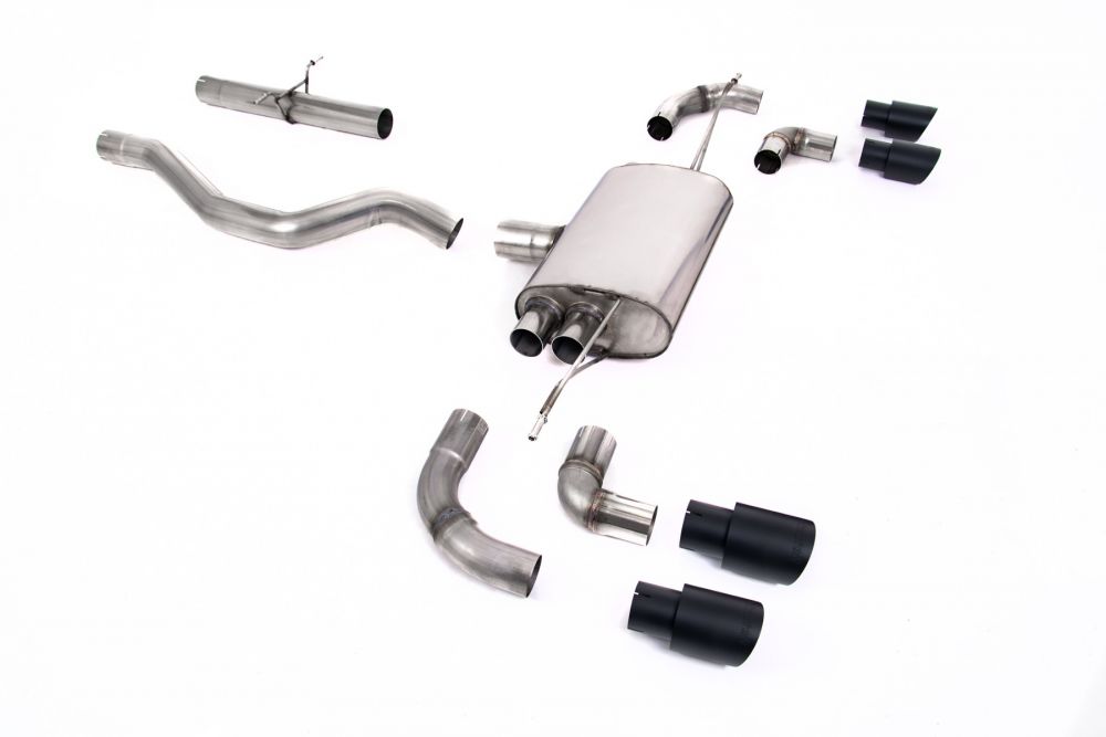 Milltek Sport exhaust system parts for 2020+ Land Rover Defender 90 2.0 I4 P300 & P400e (part SSXLR146): pipework, silencers and black tailpipe tips