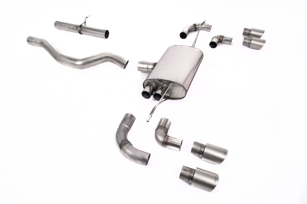 Milltek Sport exhaust system parts for 2020+ Land Rover Defender 90 2.0 I4 P300 & P400e (part SSXLR147): pipework, silencers and polished silver tailpipe tips