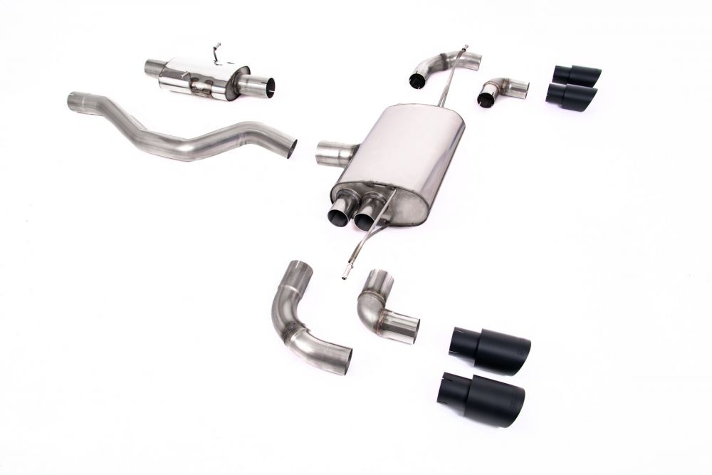 Milltek Sport exhaust system parts for 2020+ Land Rover Defender 90 3.0 I6 P400 (part SSXLR151): pipework, silencers and black tailpipe tips