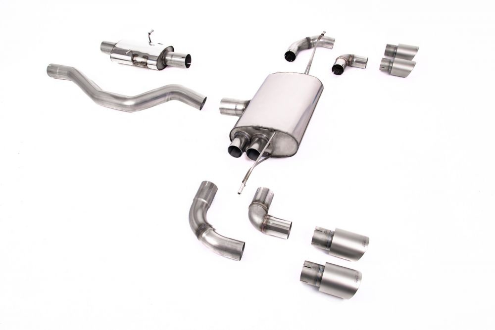 Milltek Sport exhaust system parts for 2020+ Land Rover Defender 90 3.0 I6 P400 (part SSXLR152): pipework, silencers and polished silver tailpipe tips
