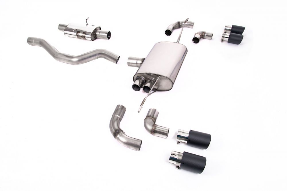 Milltek Sport exhaust system parts for 2020+ Land Rover Defender 90 3.0 I6 P400 (part SSXLR154): pipework, silencers and black tailpipe tips