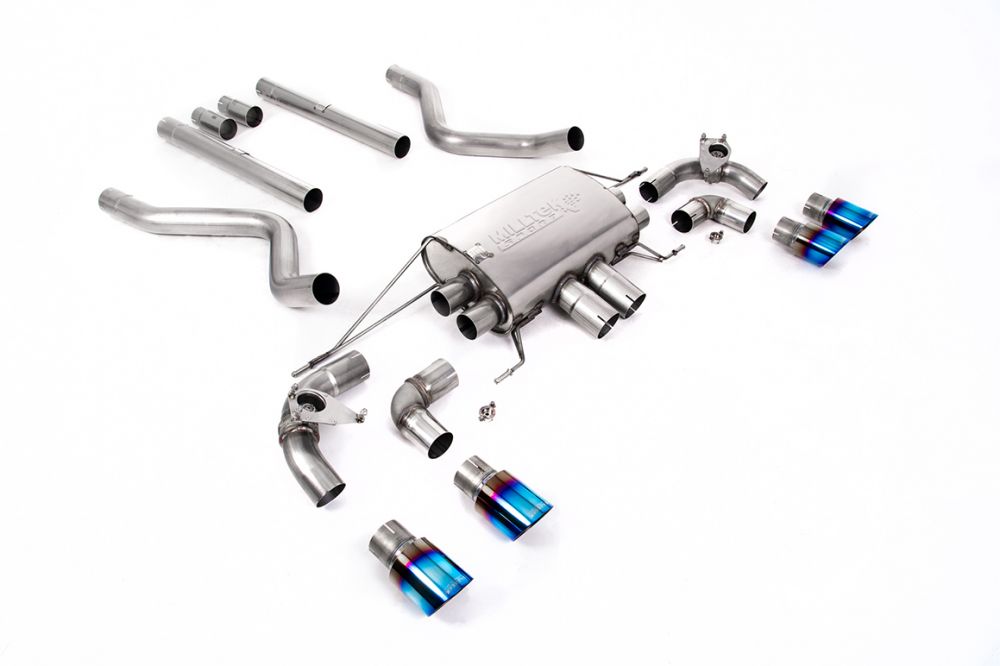 Milltek Sport exhaust system parts for 2021+ Land Rover Defender 90 5.0 V8 425PS & 525PS (part SSXLR176): pipework, silencers and burnt titanium blue tailpipe tips