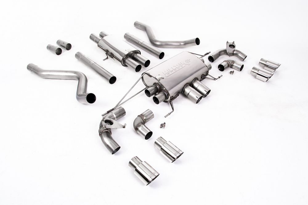 Milltek Sport exhaust system parts for 2021+ Land Rover Defender 110 5.0 V8 425PS & 525PS (part SSXLR178): pipework, silencers and black tailpipe tips
