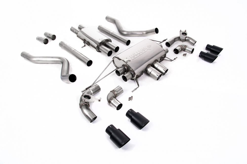 Milltek Sport exhaust system parts for 2021+ Land Rover Defender 110 5.0 V8 425PS & 525PS (part SSXLR179): pipework, silencers and black tailpipe tips