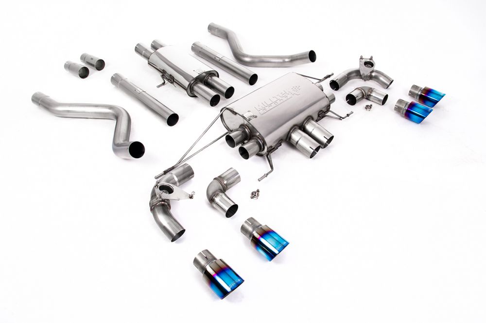 Milltek Sport exhaust system parts for 2021+ Land Rover Defender 110 5.0 V8 425PS & 525PS (part SSXLR181): pipework, silencers and burnt titanium blue tailpipe tips