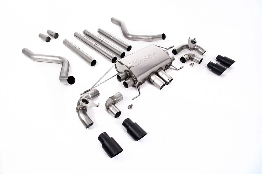 Milltek Sport exhaust system parts for 2021+ Land Rover Defender 110 5.0 V8 425PS & 525PS (part SSXLR184): pipework, silencers and black tailpipe tips