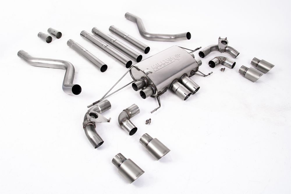 Milltek Sport exhaust system parts for 2021+ Land Rover Defender 110 5.0 V8 425PS & 525PS (part SSXLR185): pipework, silencers and black tailpipe tips