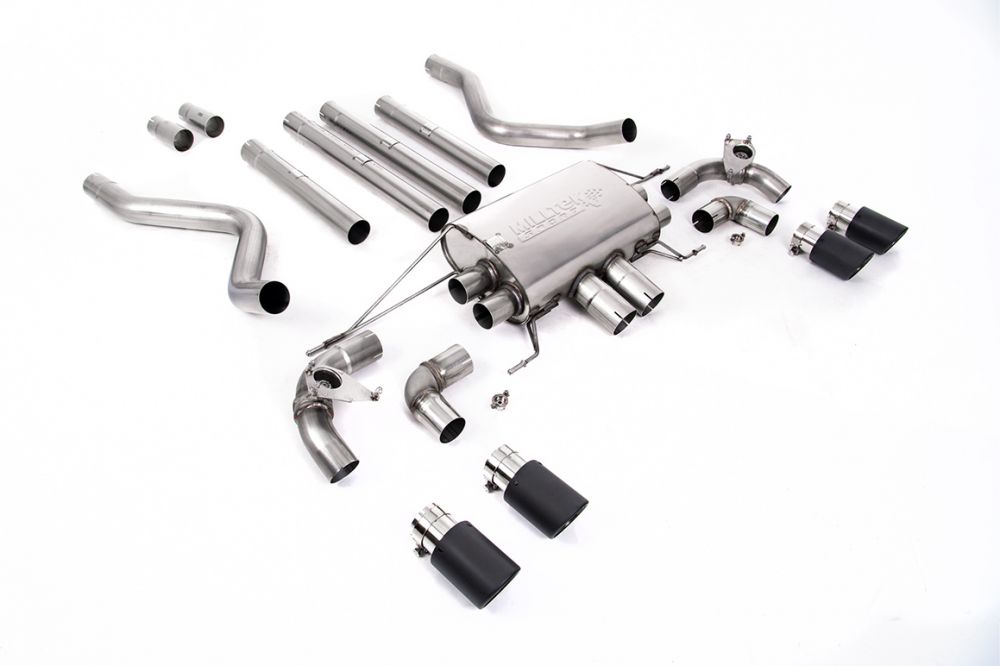 Milltek Sport exhaust system parts for 2021+ Land Rover Defender 110 5.0 V8 425PS & 525PS (part SSXLR187): pipework, silencers and black tailpipe tips