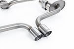 Close-up of polished silver Milltek Sport exhaust tips for the 2002-2006 MINI Mk1 Cooper S (part SSXM009)