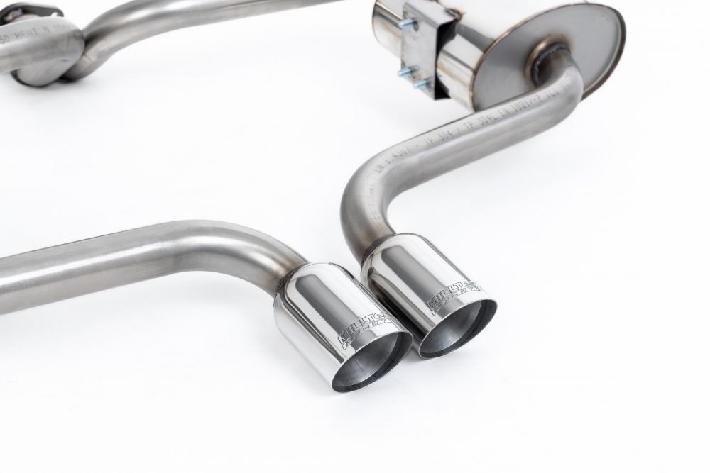 Close-up of polished silver Milltek Sport exhaust tips for the 2002-2006 MINI Mk1 Cooper S (part SSXM013)