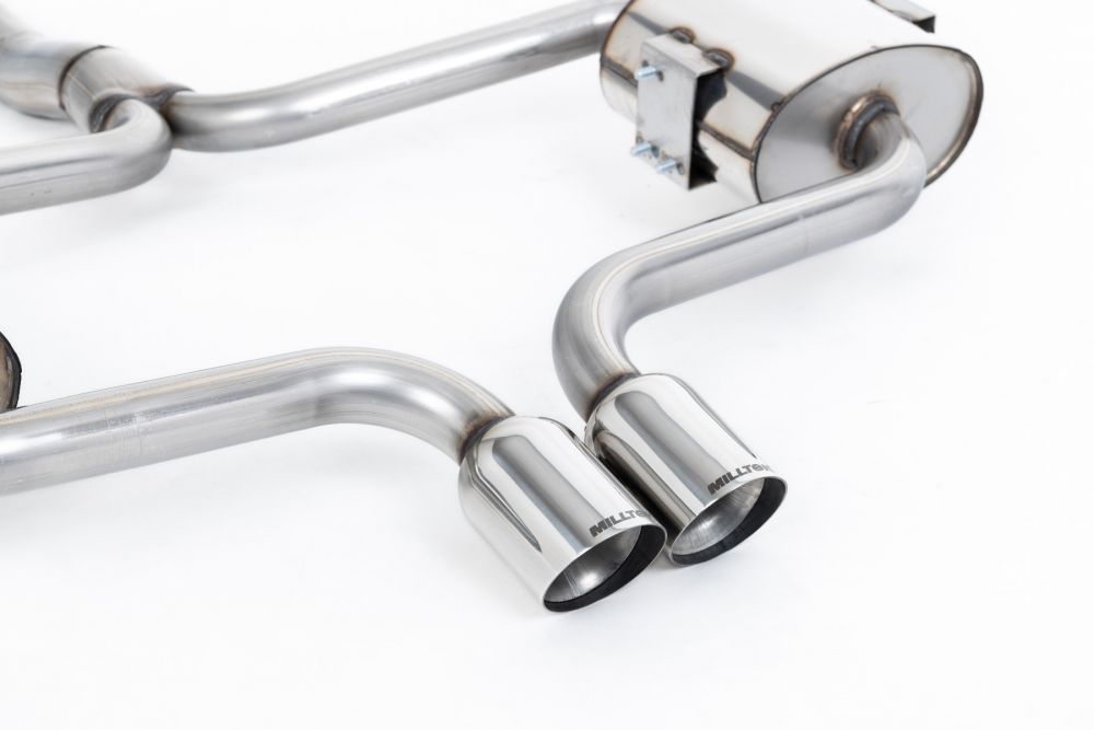 Close-up of polished silver Milltek Sport exhaust tips for the 2004-2008 MINI Mk1 Cooper S Convertible (part SSXM014)