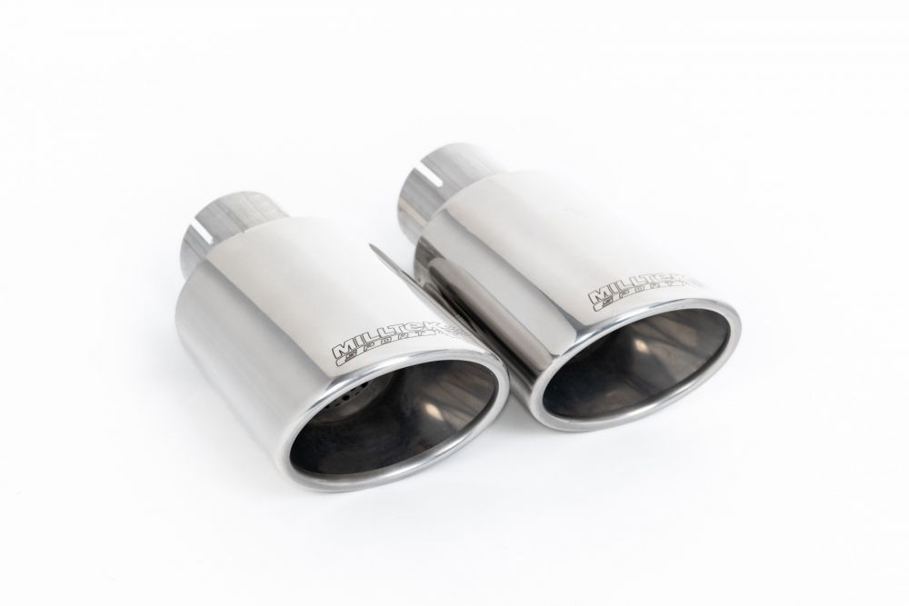 Close-up of polished silver Milltek Sport exhaust tips for the 2006-2014 MINI Mk2 Cooper S 1.6i Turbo (part SSXM017)