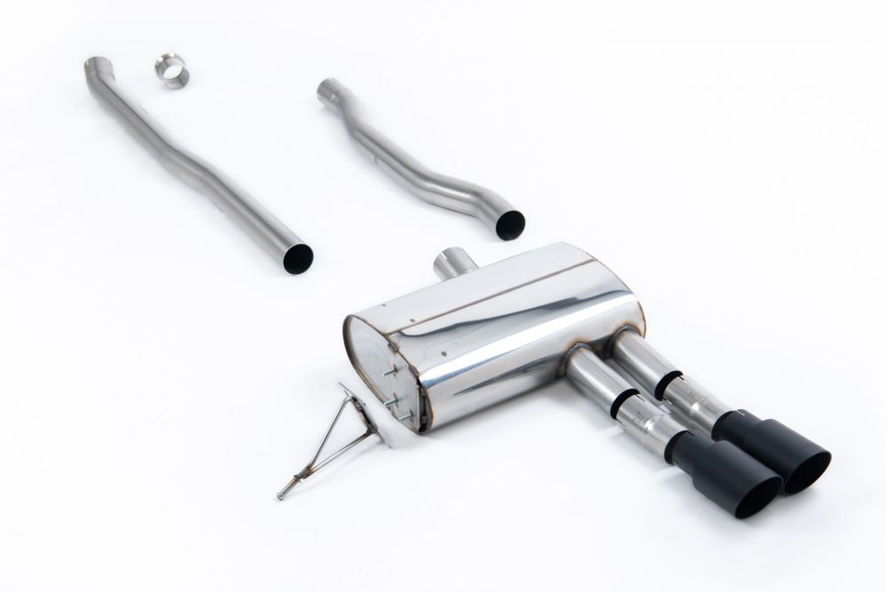 Milltek Sport exhaust system parts for 2014+ MINI Mk3 Mini Cooper S 2.0 Turbo - 5 Door Hatch (part SSXM481): pipework, silencers and black tailpipe tips