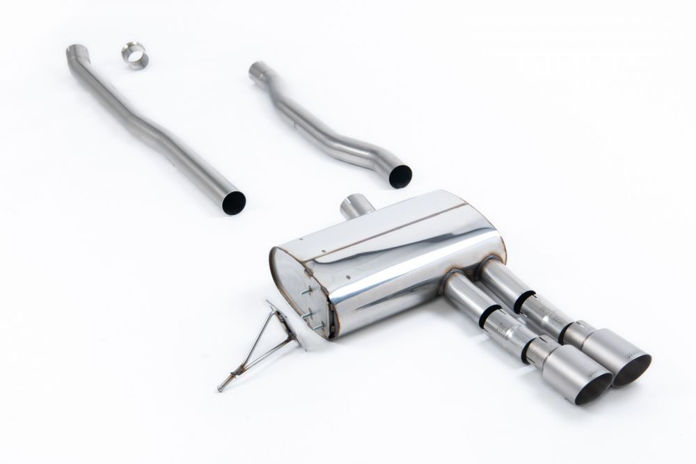 Milltek Sport exhaust system parts for 2014+ MINI Mk3 Mini Cooper S 2.0 Turbo - 5 Door Hatch (part SSXM483): pipework, silencers and black tailpipe tips