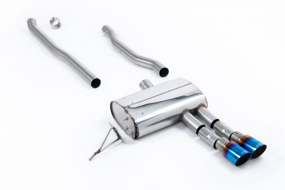 Milltek Sport exhaust system parts for 2014+ MINI Mk3 Mini Cooper S 2.0 Turbo - 5 Door Hatch (part SSXM484): pipework, silencers and burnt titanium blue tailpipe tips