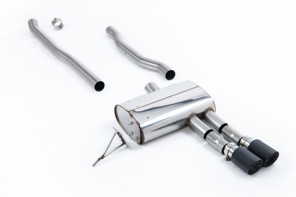 Milltek Sport exhaust system parts for 2014+ MINI Mk3 Mini Cooper S 2.0 Turbo - 5 Door Hatch (part SSXM485): pipework, silencers and black tailpipe tips