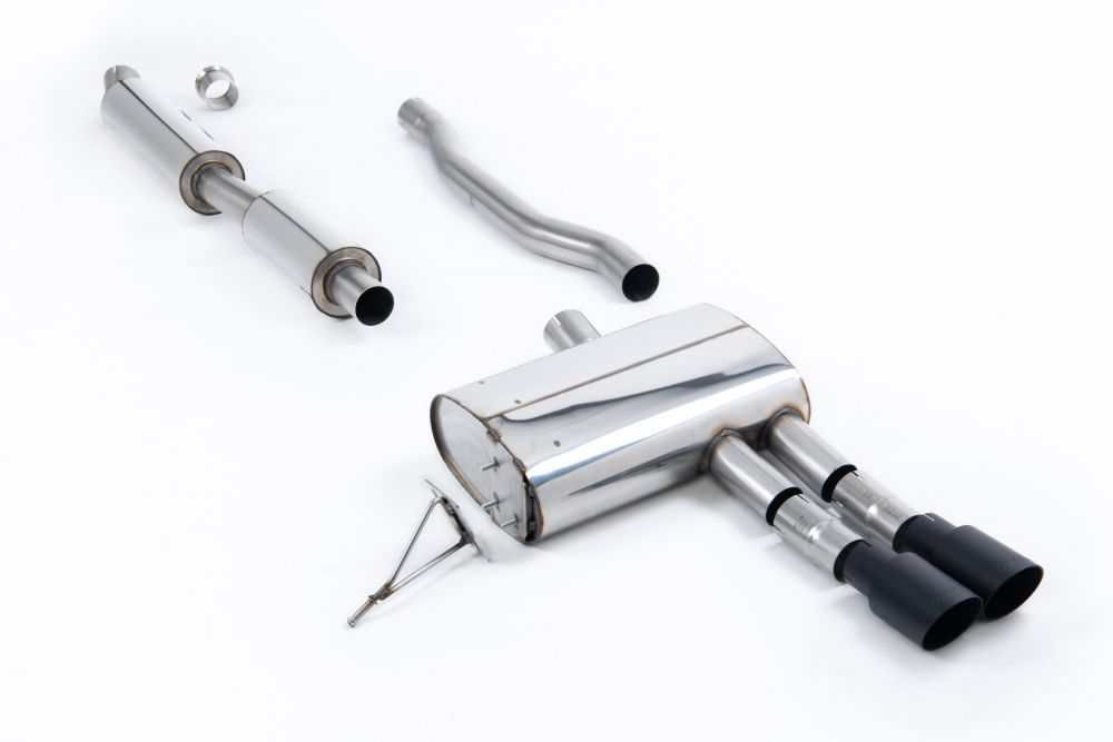 Milltek Sport exhaust system parts for 2014+ MINI Mk3 Mini Cooper S 2.0 Turbo - 5 Door Hatch (part SSXM486): pipework, silencers and black tailpipe tips