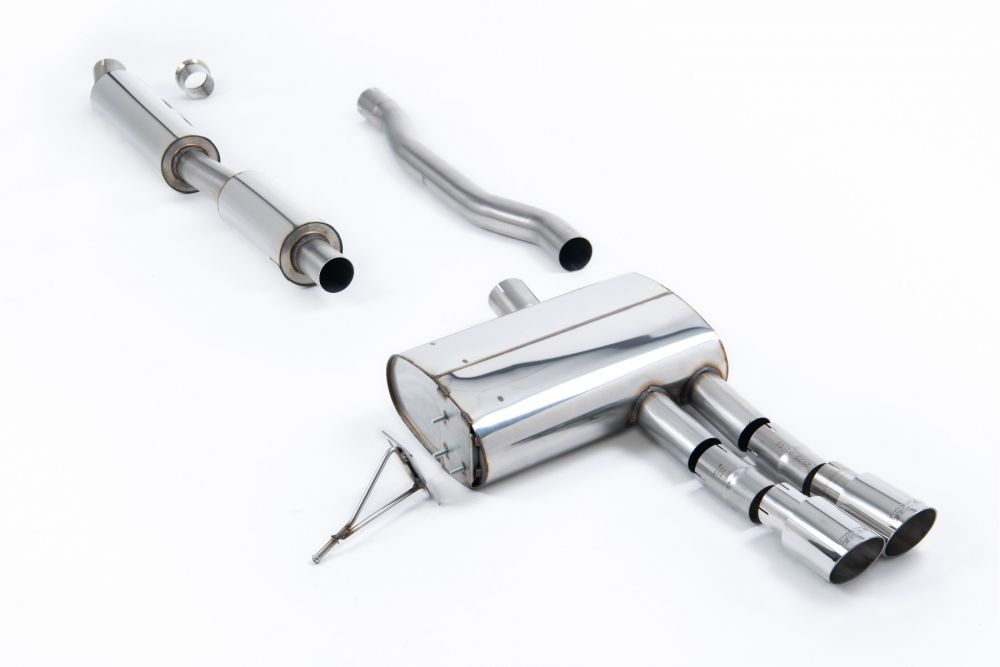 Milltek Sport exhaust system parts for 2014+ MINI Mk3 Mini Cooper S 2.0 Turbo - 5 Door Hatch (part SSXM487): pipework, silencers and black tailpipe tips