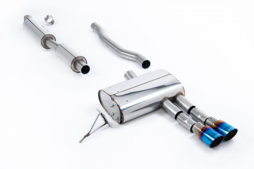 Milltek Sport exhaust system parts for 2014+ MINI Mk3 Mini Cooper S 2.0 Turbo - 5 Door Hatch (part SSXM489): pipework, silencers and burnt titanium blue tailpipe tips