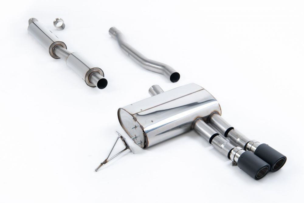 Milltek Sport exhaust system parts for 2014+ MINI Mk3 Mini Cooper S 2.0 Turbo - 5 Door Hatch (part SSXM490): pipework, silencers and black tailpipe tips
