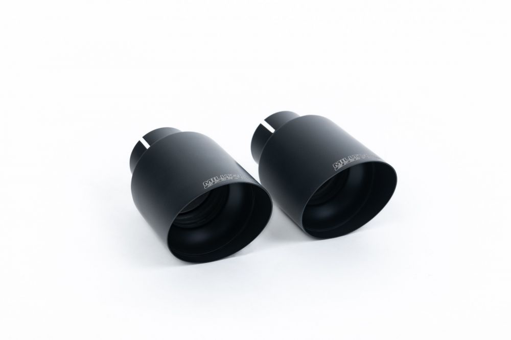 Close-up of black Milltek Sport exhaust tips for the 2009-2013 Porsche Cayman S 3.4 987 Gen2 (part SSXPO116)