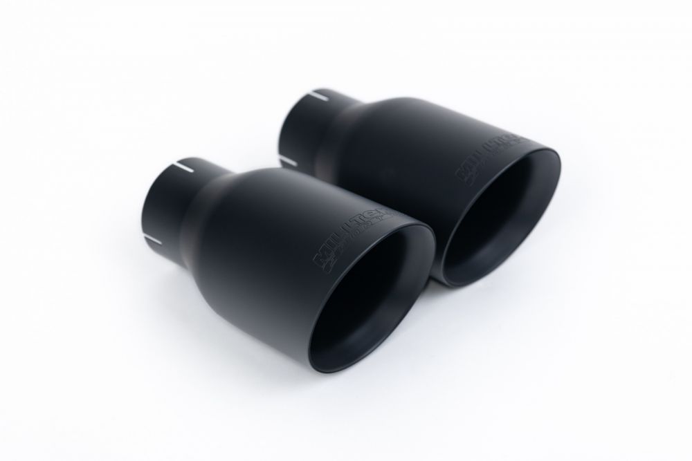 Close-up of black Milltek Sport exhaust tips for the 2016-2020 Porsche Boxster 718 GTS 2.5T (part SSXPO140)