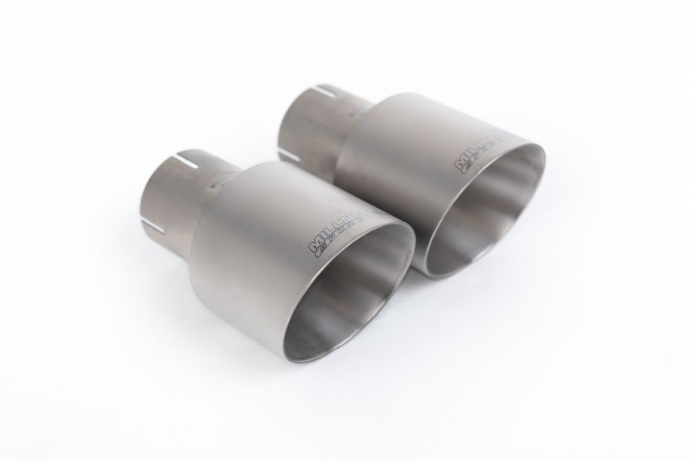 Close-up of polished silver Milltek Sport exhaust tips for the 2016-2020 Porsche Cayman 718 GTS 2.5T (part SSXPO141)
