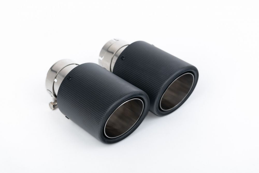 Close-up of black Milltek Sport exhaust tips for the 2016-2020 Porsche Cayman 718 GTS 2.5T (part SSXPO143)