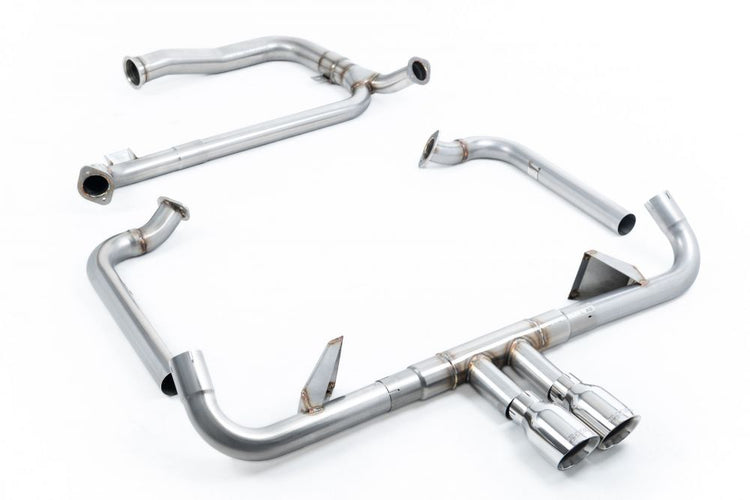 Milltek Sport exhaust system parts for 2016-2020 Porsche Cayman 718 GTS 2.5T (part SSXPO144): pipework, silencers and polished silver tailpipe tips