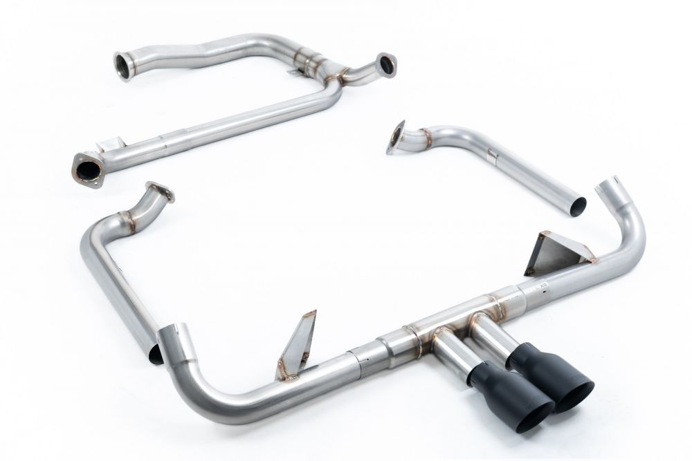 Milltek Sport exhaust system parts for 2016-2020 Porsche Boxster 718 GTS 2.5T (part SSXPO145): pipework, silencers and black tailpipe tips