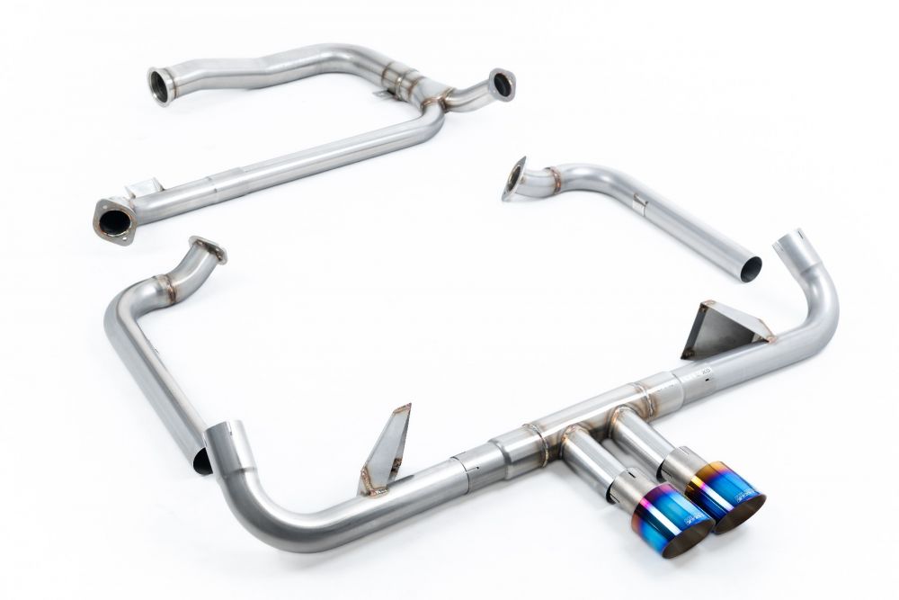 Milltek Sport exhaust system parts for 2016-2020 Porsche Boxster 718 GTS 2.5T (part SSXPO147): pipework, silencers and burnt titanium blue tailpipe tips