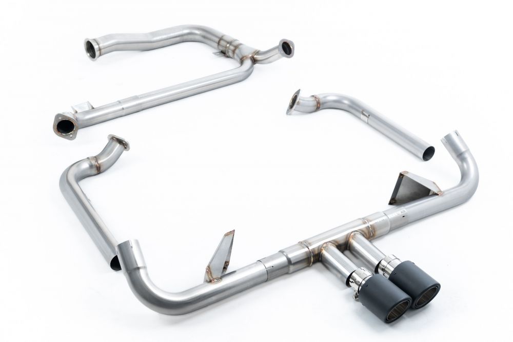 Milltek Sport exhaust system parts for 2016-2020 Porsche Cayman 718 GTS 2.5T (part SSXPO148): pipework, silencers and black tailpipe tips