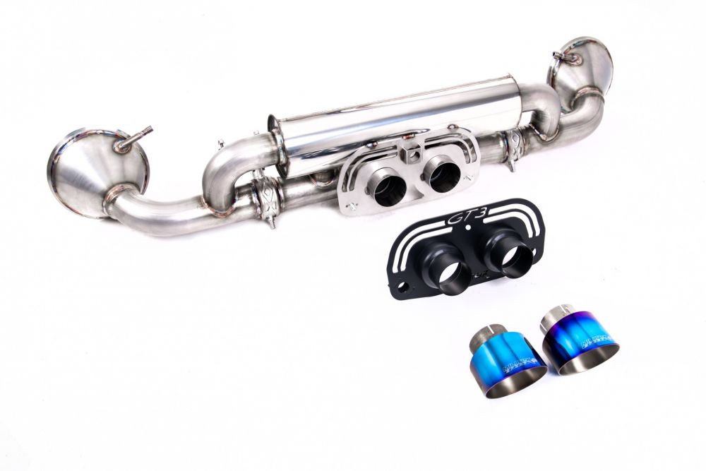 Milltek Sport exhaust system parts for 2021+ Porsche 911 992.1 GT3 (part SSXPO175): pipework, silencers and burnt titanium blue tailpipe tips