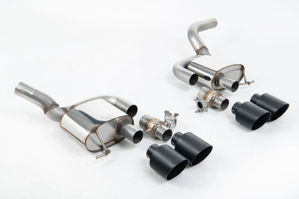 Milltek Sport exhaust system parts for 2021+ Porsche Macan 2.9 V6 GTS & Turbo (part SSXPO177): pipework, silencers and black tailpipe tips