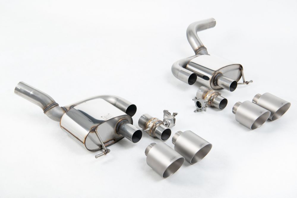 Milltek Sport exhaust system parts for 2021+ Porsche Macan 2.9 V6 GTS & Turbo (part SSXPO178): pipework, silencers and black tailpipe tips