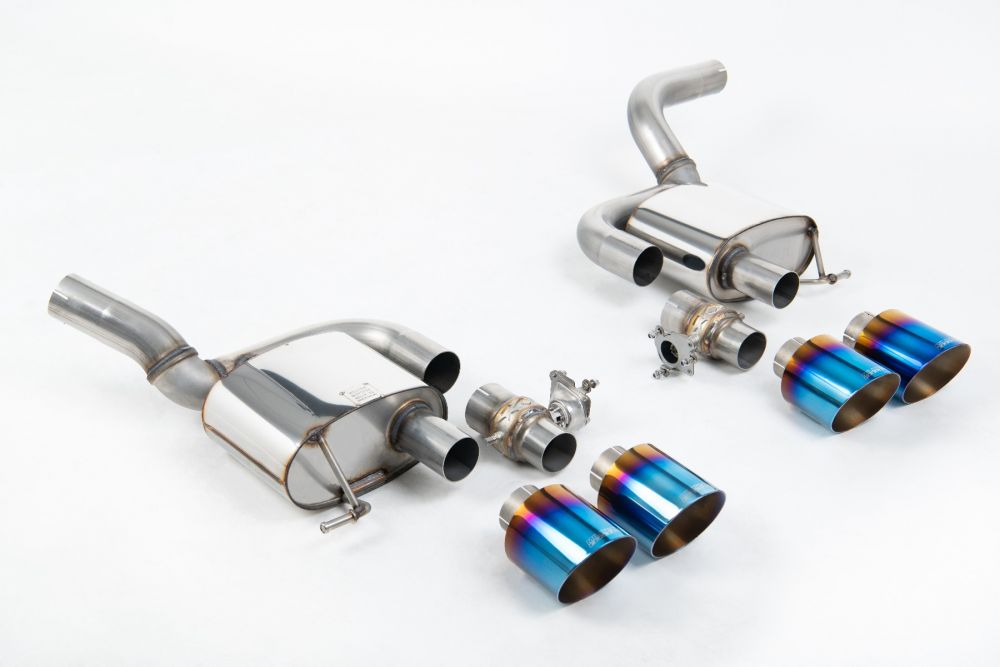 Milltek Sport exhaust system parts for 2021+ Porsche Macan 2.9 V6 GTS & Turbo (part SSXPO179): pipework, silencers and burnt titanium blue tailpipe tips