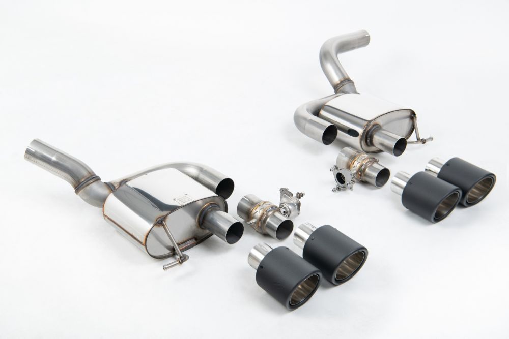 Milltek Sport exhaust system parts for 2021+ Porsche Macan 2.9 V6 GTS & Turbo (part SSXPO180): pipework, silencers and black tailpipe tips