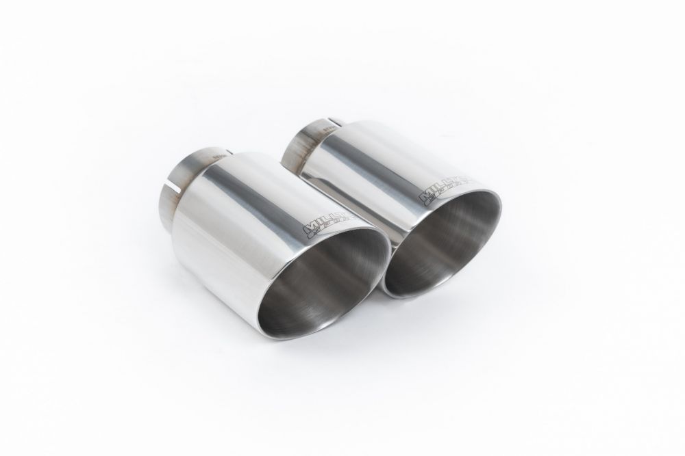 Close-up of polished silver Milltek Sport exhaust tips for the 2013-2018 Range Rover Sport 5.0 Supercharged (part SSXRR109)