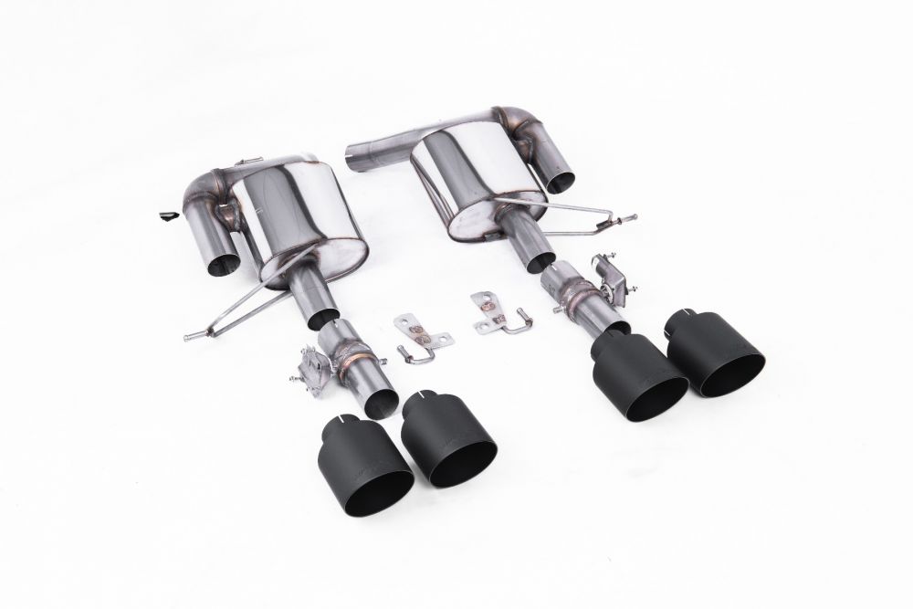 Milltek Sport exhaust system parts for 2018-2022 Range Rover Sport SVR 5.0 V8 Supercharged (part SSXRR114): pipework, silencers and black tailpipe tips