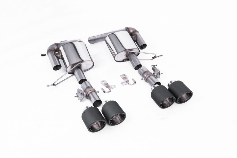 Milltek Sport exhaust system parts for 2018-2022 Range Rover Sport SVR 5.0 V8 Supercharged (part SSXRR117): pipework, silencers and black tailpipe tips
